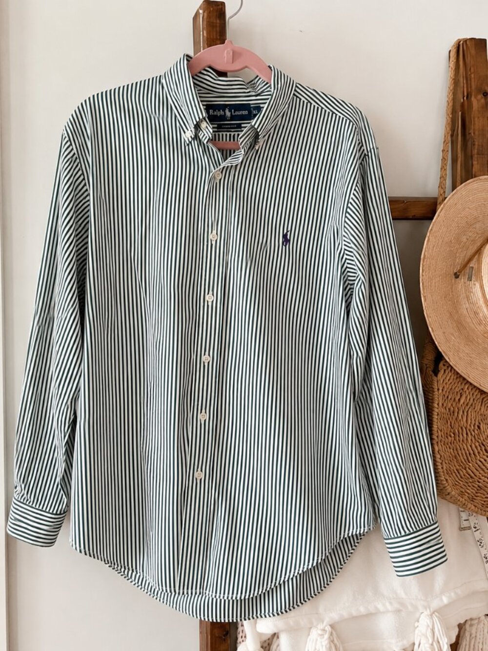 Polo Ralph Lauren Green White Striped Button Down Shirt Men's XL Classic Fit
